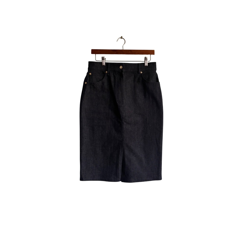 St John Women Dark Indigo Denim Pencil Skirt High Waist Gold Hardware Midi Blue